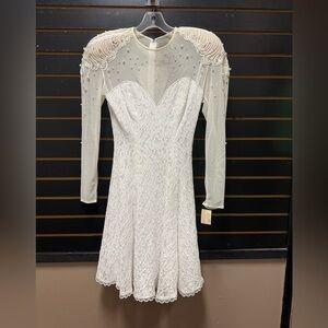 Tadashi Vintage 90s White Lace Dress Pearl Sheer Sleeve M NWT